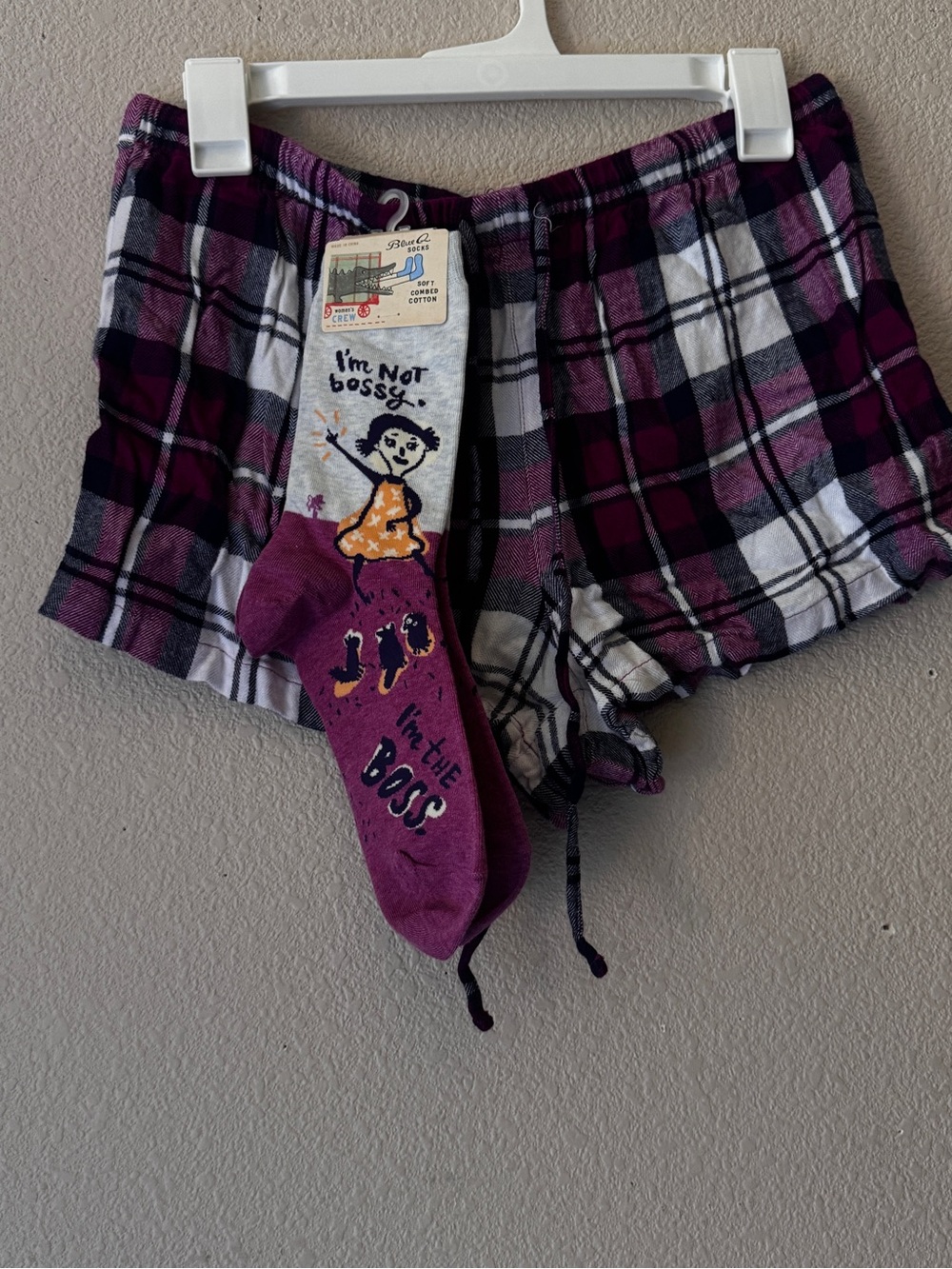 Jenni Purple and Black Plaid Lounge Shorts with Coordinating Socks